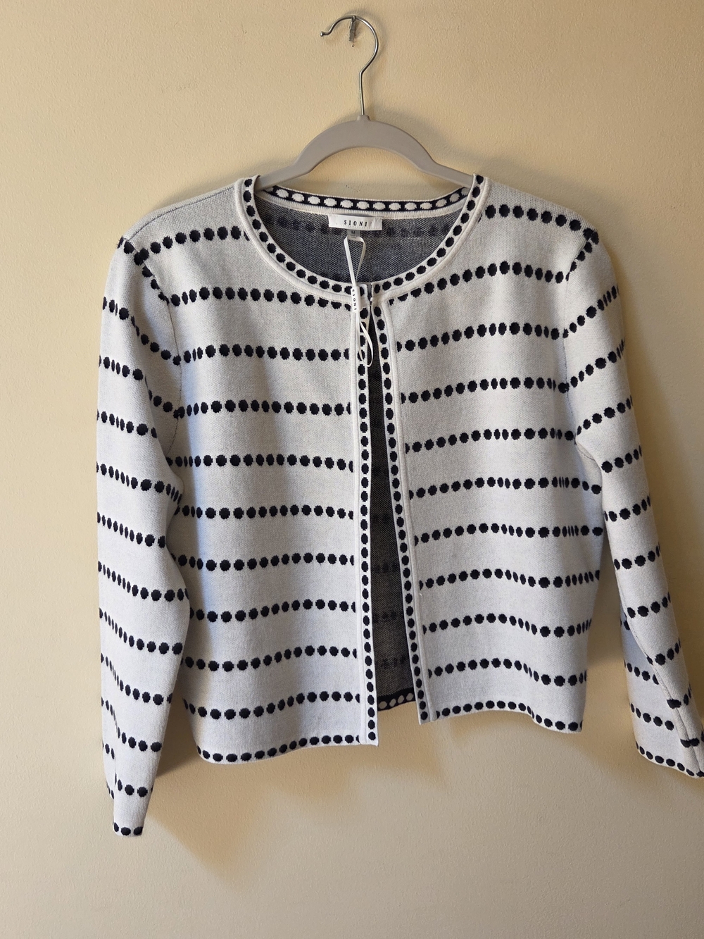 Sioni White Cardigan with Navy Blue Dot-Stripe Trim